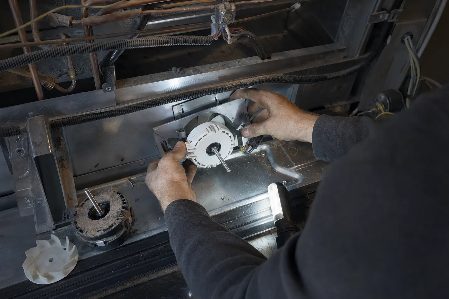 Hands fitting a new fan motor inside a machine compartment, the old dust-caked motor and its fan blade set aside